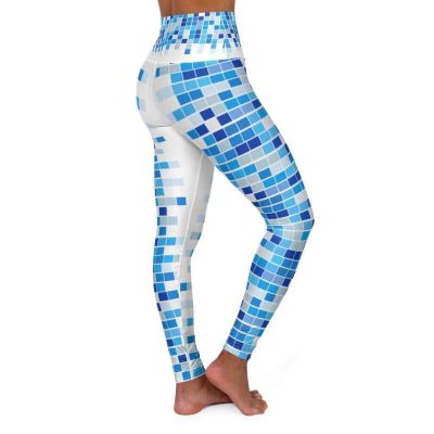 High Waisted Yoga Leggings, Blue and White Mosaic Square Style Pants